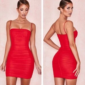 House of CB Dress Women’s XS Ella Mini Dress Red Gathered Mesh Size Small NWT